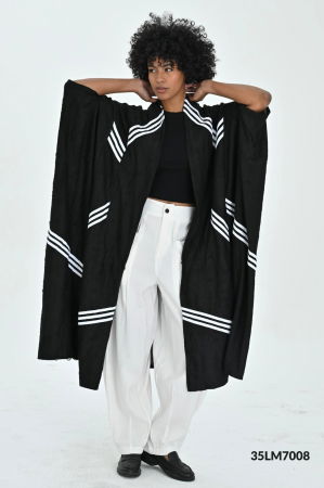 Rochii - Blazer oversize negru dama cu dungi albe – kimono lung statement