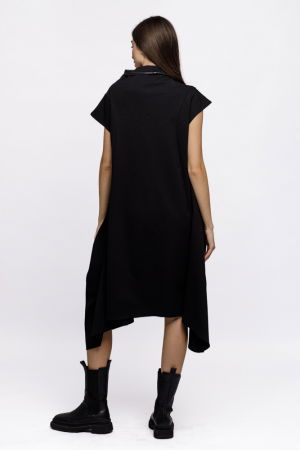 Rochie neagra in colturi din jerseu de bumbac punto milano, cu insertie de piele ecologica [3]