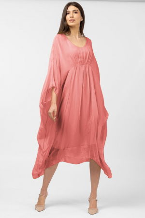Rochii Elegante & Office - Rochie roz somon in colturi, lunga, ampla, din matase si vascoza, cu detaliu sub bust