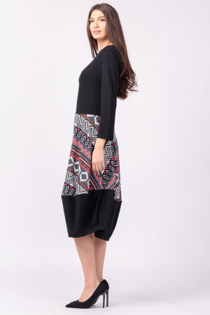Rochie neagra, lalea, din jerseu, cu imprimeu geometric cu rosu [2]