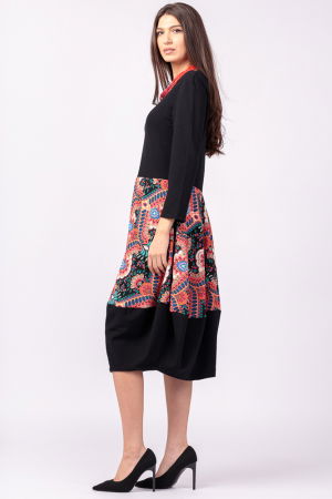 Rochie neagra, lalea, din jerseu cu imprimeu cu flori rosii [1]