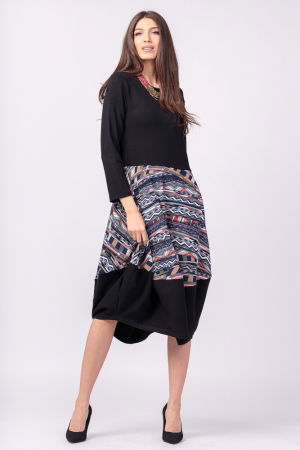 Rochie neagra, lalea, din jerseu, cu imprimeu geometric cu gri [1]