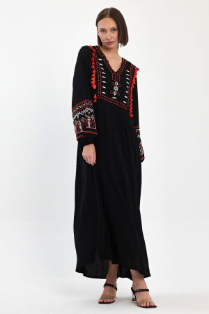 Rochii - Rochie neagra lunga, cu broderie si ciucuri portocalii, din vascoza