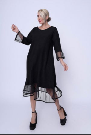 Rochii Elegante & Office - Rochie A-line neagra, midi, cu volane din tull la maneci si poale