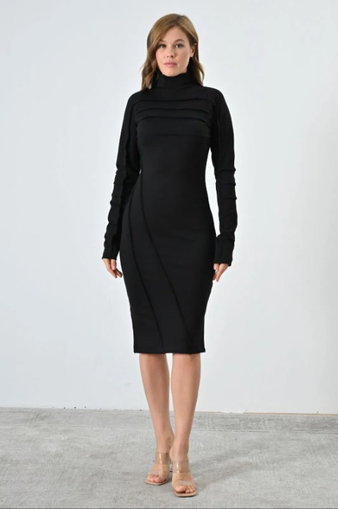 Rochie neagra midi mulata cu maneci lungi si guler inalt – croiala eleganta [1]