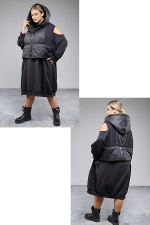 Set rochie neagra oversize cu umeri goi si vesta matlasata [2]