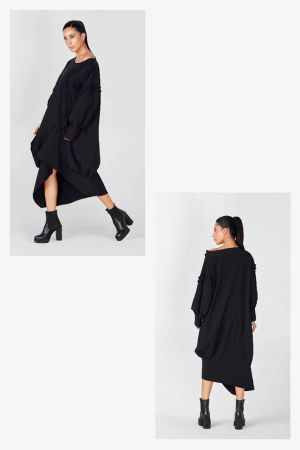 Rochie neagra in colturi cu maneci bufante si aplicatii volane, oversize [1]