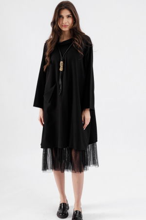 Rochie neagra oversize din stofa subtire suprapusa, cu buzunar si guler rasucit [2]