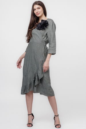 Rochii din In - Rochie kaki petrecuta cu volan, din in