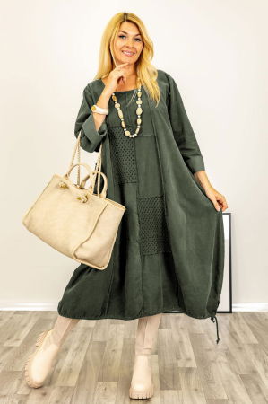 Rochii Casual - Rochie oversize A-line, din catifea reiata cu snur in partea de jos, kaki