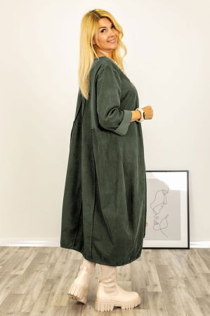 Rochie oversize A-line, din catifea reiata cu snur in partea de jos, kaki [1]