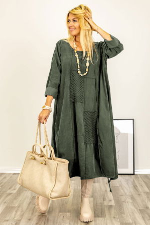 Rochie oversize A-line, din catifea reiata cu snur in partea de jos, kaki [2]