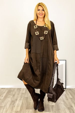 Rochii Casual - Rochie oversize A-line, din catifea reiata cu snur in partea de jos, maro