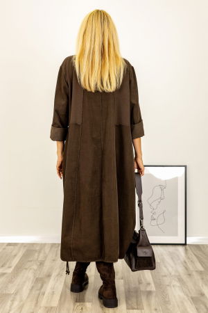 Rochie oversize A-line, din catifea reiata cu snur in partea de jos, maro [4]