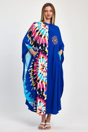 Rochie oversize, cu imprimeu si broderie in nunte de albastru, din vascoza [3]