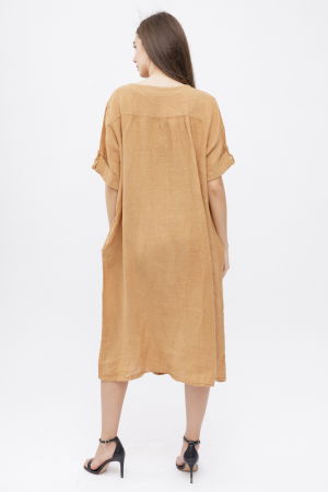 Rochie oversize din in, cu nasturi pe piept, camel [2]