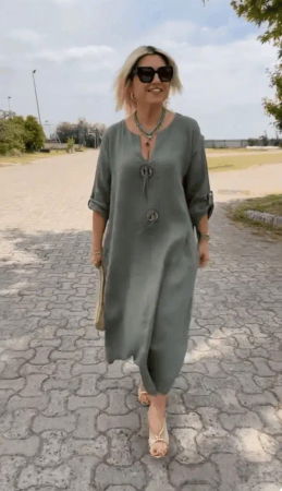 Rochii din In - Rochie din in, cu doi nasturi decorativi pe piept, kaki