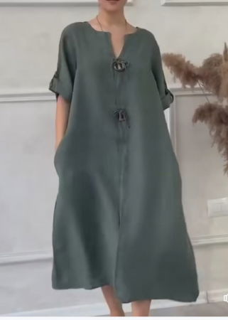 Rochie din in, cu doi nasturi decorativi pe piept, kaki [4]