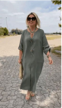 Rochie din in, cu doi nasturi decorativi pe piept, kaki [3]