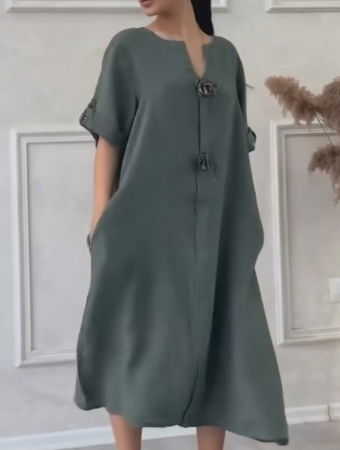 Rochie din in, cu doi nasturi decorativi pe piept, kaki [2]