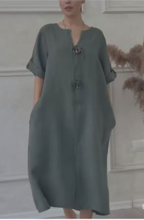 Rochie din in, cu doi nasturi decorativi pe piept, kaki [1]