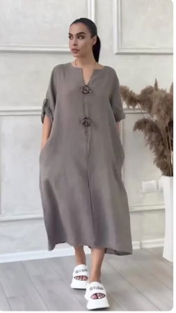 Rochii din In - Rochie din in, cu doi nasturi decorativi pe piept, bej inchis