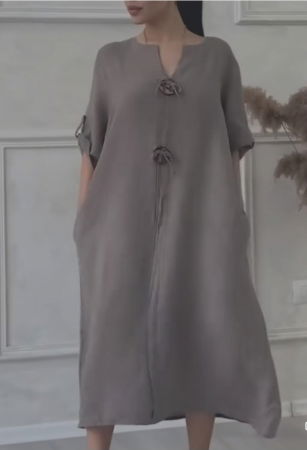 Rochie din in, cu doi nasturi decorativi pe piept, bej inchis [1]