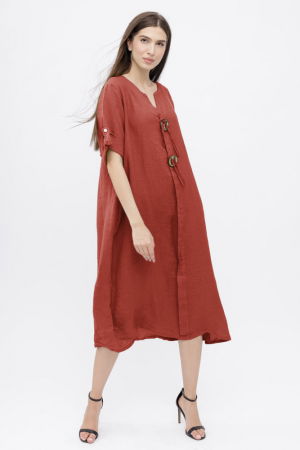 Rochii din In - Rochie din in, cu doi nasturi decorativi pe piept, caramizie