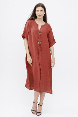 Rochie din in, cu doi nasturi decorativi pe piept, caramizie [1]