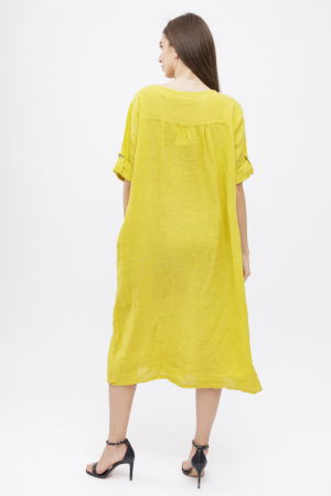 Rochie din in, cu doi nasturi decorativi pe piept, galbena [3]