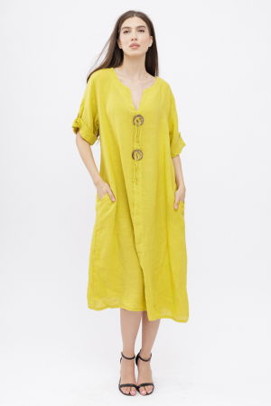 Rochie din in, cu doi nasturi decorativi pe piept, galbena [1]