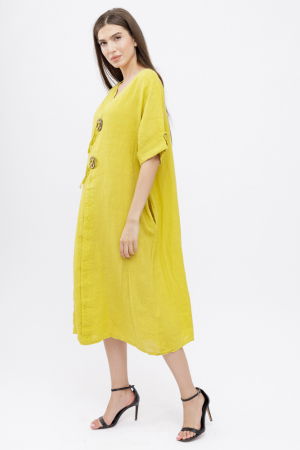 Rochie din in, cu doi nasturi decorativi pe piept, galbena [2]