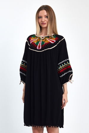 Rochii din Vâscoză - Rochie oversize, neagra, midi, brodata pe piept si maneci