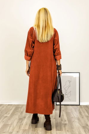 Rochie petrecuta oversize A-line, din catifea reiata, caramiziu vibrant [2]