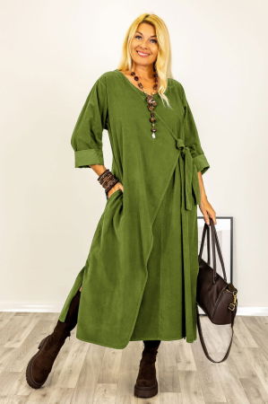 Rochii Casual - Rochie petrecuta oversize A-line, din catifea reiata, verde oliv