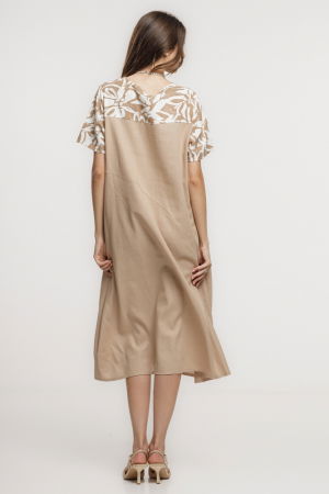 Rochie din in mercerizat, cu croi lejer si design minimalist bej cu platca mica imprimata [2]