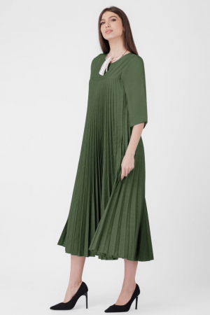 Rochie plisata A-line cu maneci trei sferturi, material fin si usor creponat, kaki [1]