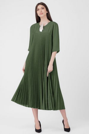 Rochii Plus Size - Rochie plisata A-line cu maneci trei sferturi, material fin si usor creponat, kaki