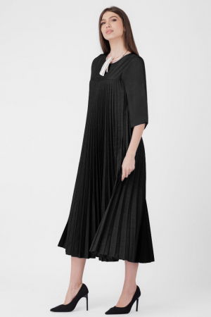 Rochie plisata A-line cu maneci trei sferturi, material fin si usor creponat, neagra [1]