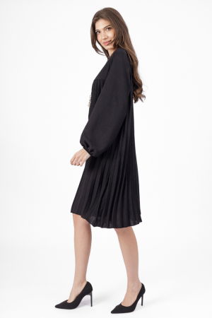 Rochie plisata midi,  A-line cu maneca lunga cu elastic, neagra [2]