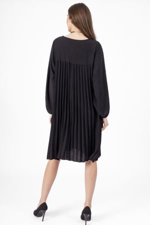 Rochie plisata midi,  A-line cu maneca lunga cu elastic, neagra [3]