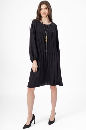 Rochie plisata midi,  A-line cu maneca lunga cu elastic, neagra [1]