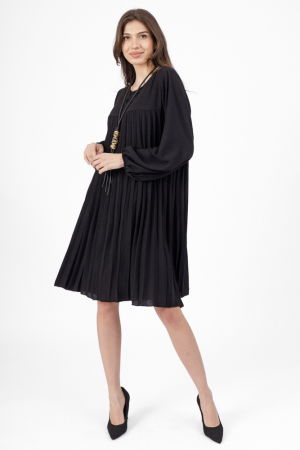 Rochii din Vâscoză - Rochie plisata midi,  A-line cu maneca lunga cu elastic, neagra