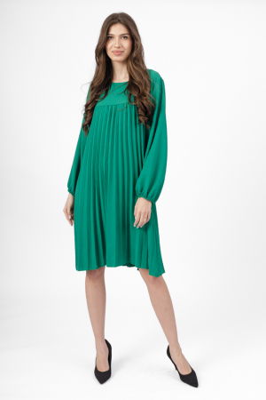 Rochii din Vâscoză - Rochie plisata midi,  A-line cu maneca lunga cu elastic, verde