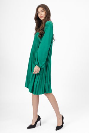 Rochie plisata midi,  A-line cu maneca lunga cu elastic, verde [2]