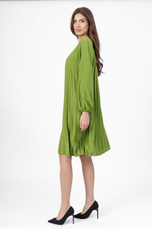 Rochie plisata midi,  A-line cu maneca lunga cu elastic, verde deschis [1]