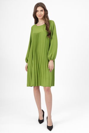 Rochii din Vâscoză - Rochie plisata midi,  A-line cu maneca lunga cu elastic, verde deschis