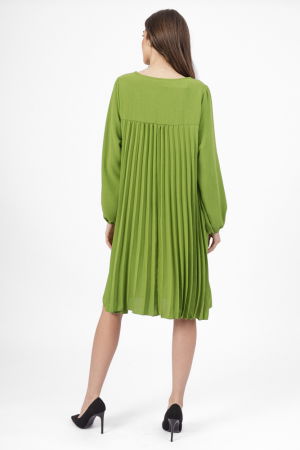 Rochie plisata midi,  A-line cu maneca lunga cu elastic, verde deschis [2]