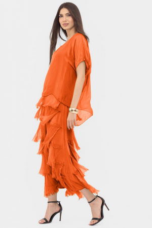 Rochii Elegante & Office - Rochie portocalie din matase si vascoza cu  volane franjurate suprapuse