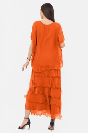 Rochie portocalie din matase si vascoza cu  volane franjurate suprapuse [2]